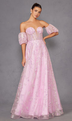 Woman in the Puff-Sleeve Strapless Long Glitter Prom Dress 2404, featuring a sheer bodice and puff sleeves, stands against a plain gray background.