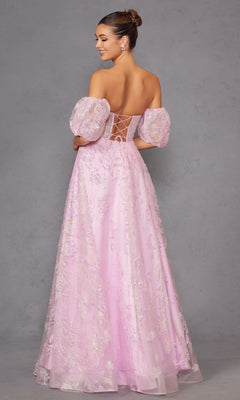 A woman wearing the Puff-Sleeve Strapless Long Glitter Prom Dress 2404, featuring puff sleeves and a lace-up back, stands facing away against a plain gray background.