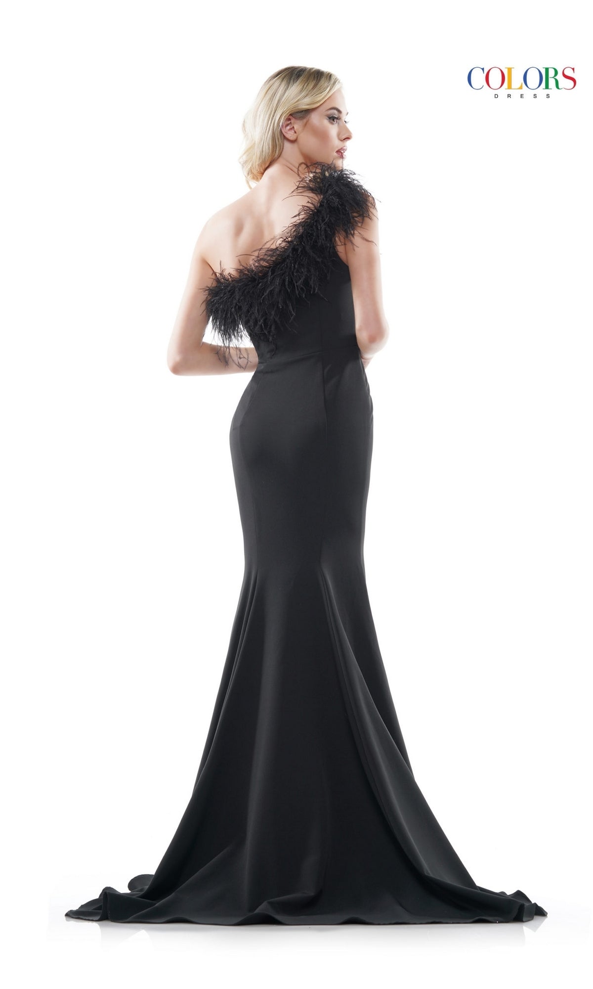 Feather-Trimmed One-Shoulder Long Prom Dress 2405