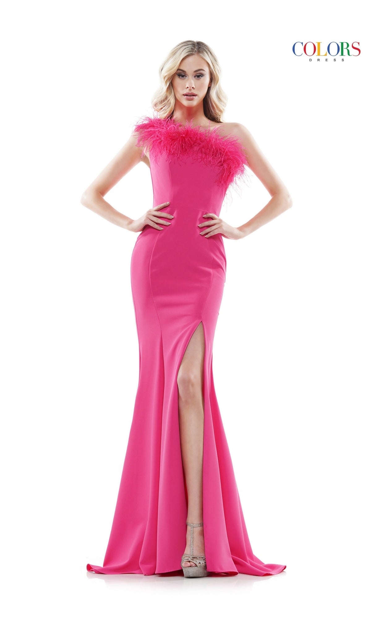 Feather-Trimmed One-Shoulder Long Prom Dress 2405