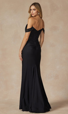 A woman faces away, modeling the Lace-Bodice Off-the-Shoulder Long Prom Dress 2407 with a fitted lace corset bodice and flared skirt, set against a neutral background.