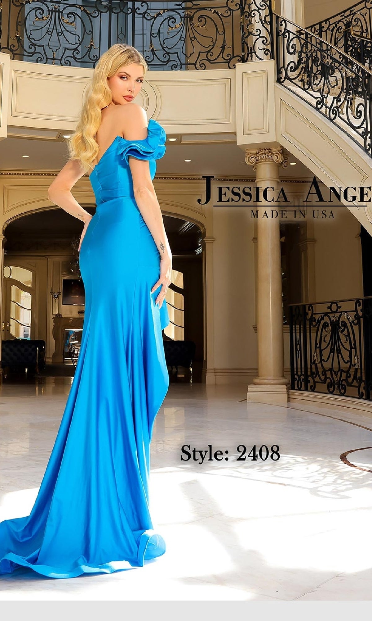 Woman wears the One-Shoulder Ruffle Prom Gown: Jessica Angel 2408 in blue, posing in a grand foyer with ornate stairs and columns. Text reads 