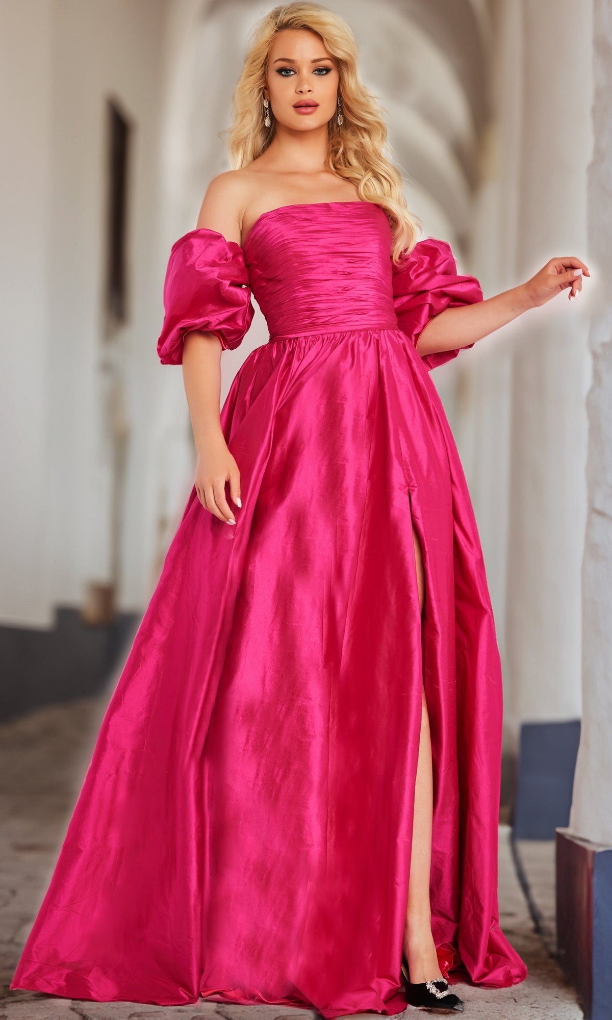 Strapless Long Taffeta Prom Dress with Puff Sleeves Black / 10