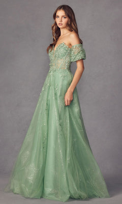 A woman wears the Puff-Sleeve Strapless Glitter Prom Ball Gown 2409—a light green, floor-length gown with a fitted bodice, sheer fabric, floral embroidery, and detachable puff sleeves.