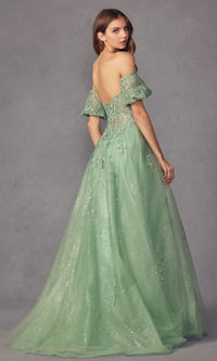 Puff-Sleeve Strapless Glitter Prom Ball Gown 2409