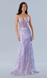 Sheer-Waist Long Sequin-Print Prom Dress 24115