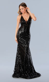 Sheer-Waist Long Sequin-Print Prom Dress 24115