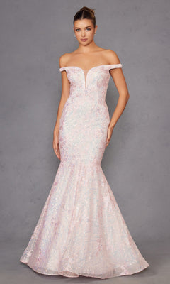 A woman models the Off-the-Shoulder Sequin Mermaid Prom Dress 2412 in light pink, featuring a fitted bodice, iridescent patterns, and floor-length mermaid silhouette against a plain gray background.