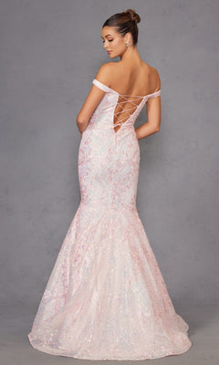 Woman wearing the Off-the-Shoulder Sequin Mermaid Prom Dress 2412 in light pink with an open lace-up back, posing against a plain gray background.
