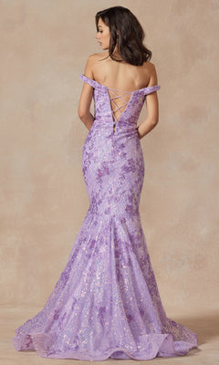 A woman wearing the Off-the-Shoulder Sequin Mermaid Prom Dress 2412 in lavender, featuring a lace-up back and glitter accents, poses against a neutral background.