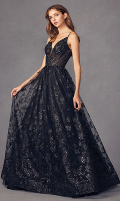 A woman wears the Sheer-Corset Glitter-Print Long Prom Dress 2413, featuring a sleeveless design, sheer bodice, black glitter floral patterns, and an elegant floor-length a-line tulle skirt.