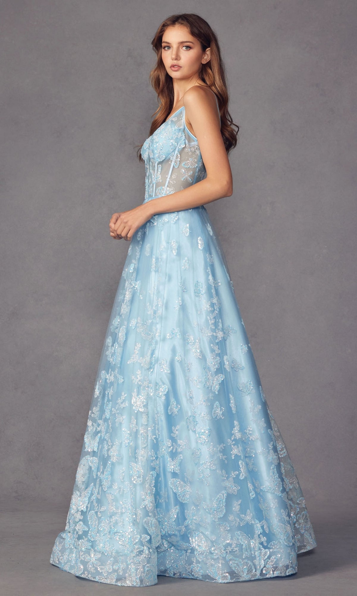 Sheer-Corset Glitter-Print Long Prom Dress 2413