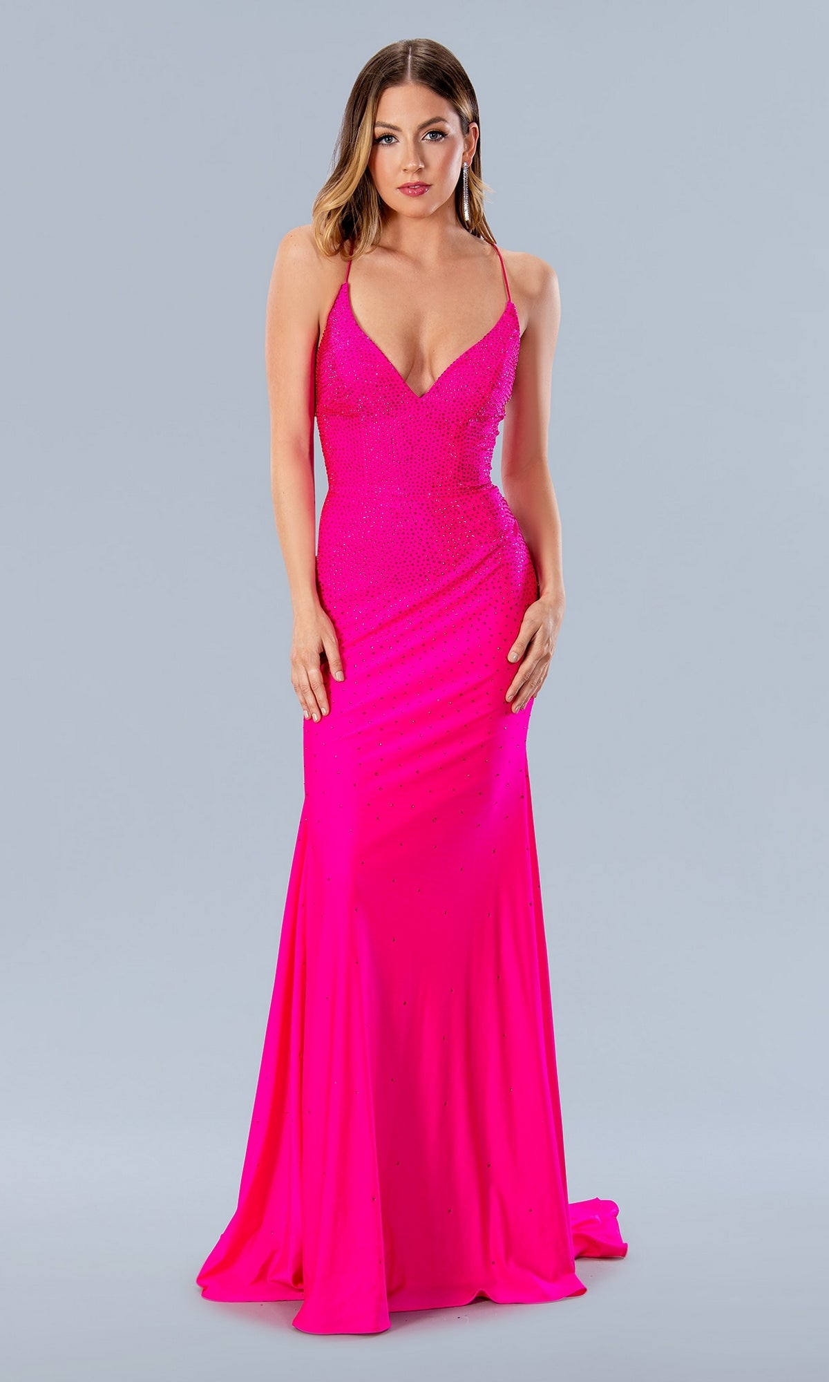Lace-Up-Back Long Beaded Prom Dress with Train Fuchsia / 12
