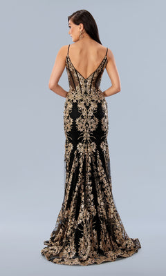 A woman faces away, wearing the Long Prom Dress 24159 by Stella Couture—a black mermaid formal gown with metallic gold floral embroidery and a deep V-back.