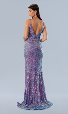 Woman wearing the Long Prom Dress 24160 by Stella Couture—a fitted, floor-length purple sequin mermaid gown with a deep V-neckline and open back—stands facing away against a plain light gray background.