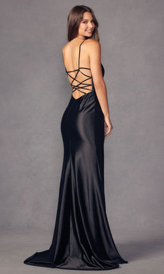 A woman poses and smiles at the camera, wearing the Sexy V-Neck Strappy-Open-Back Long Prom Dress 2417, a long black satin gown with a crisscross strappy back, against a plain gray background.