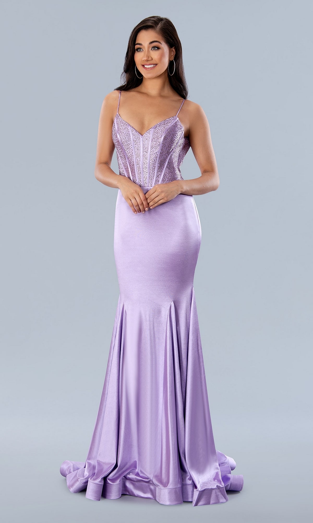 Beaded-Corset Long Prom Dress with Deep V-Back