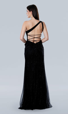 Model wears the Long Prom Dress 24246 by Stella Couture—a black, one-shoulder formal gown with an open back and crisscross straps—standing against a plain light gray background.