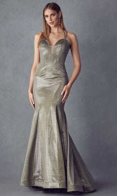 A woman poses in the Juliet 242 long prom dress, a metallic mermaid gown with thin straps and a deep V neckline, against a neutral background.