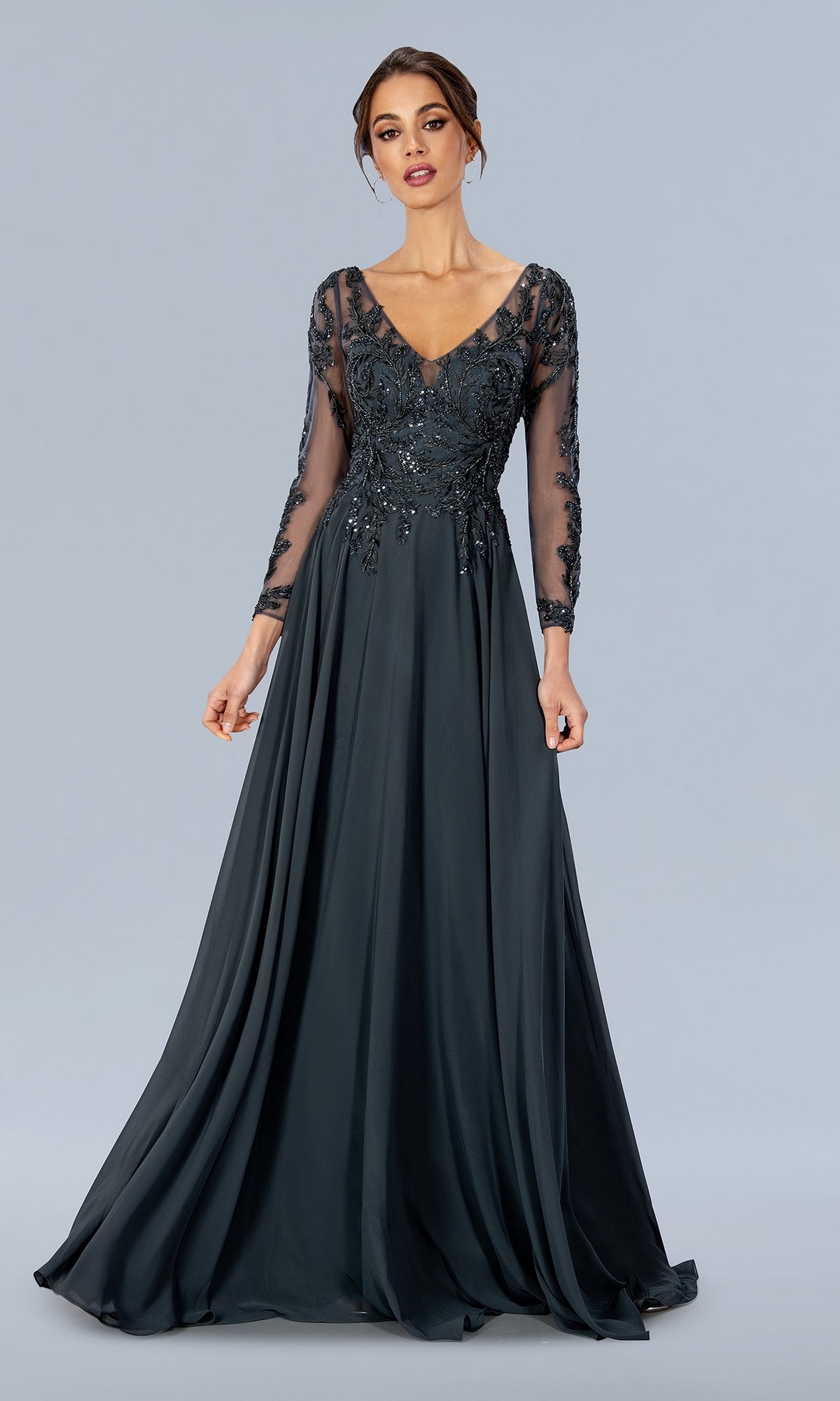 Stella Couture 24308 charcoal V-neck mother of the bride gown with long sheer sleeves and a beaded lace embellished bodice.