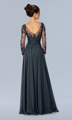 Back view of the Stella Couture 24308 floor-length dark beaded lace evening gown, featuring long, sheer, beaded sleeves and a deep V-back bodice.