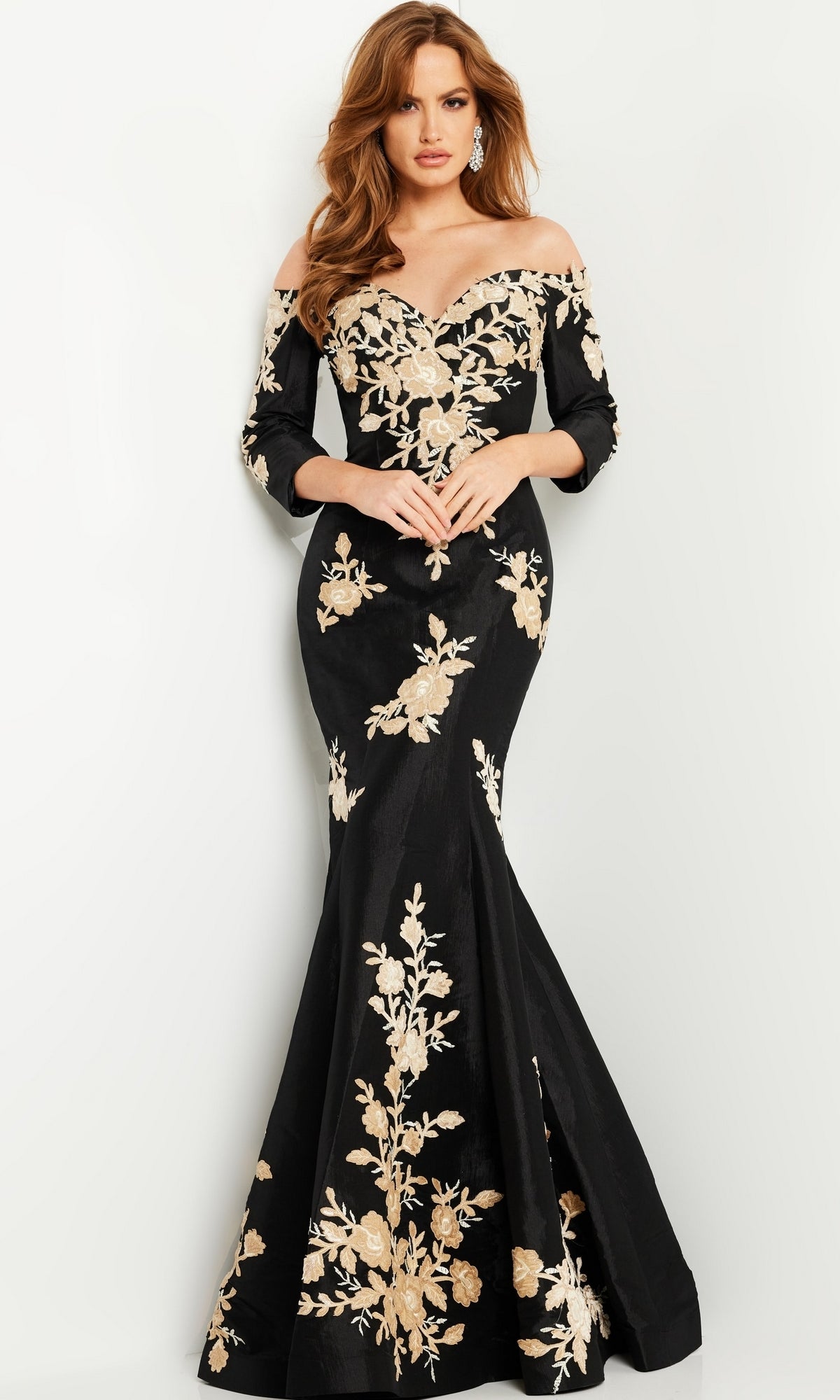 Black Mermaid Formal Gown 24327 with Gold Flowers
