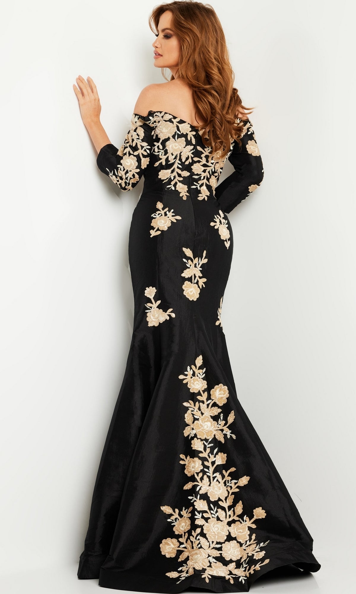 Black Mermaid Formal Gown 24327 with Gold Flowers