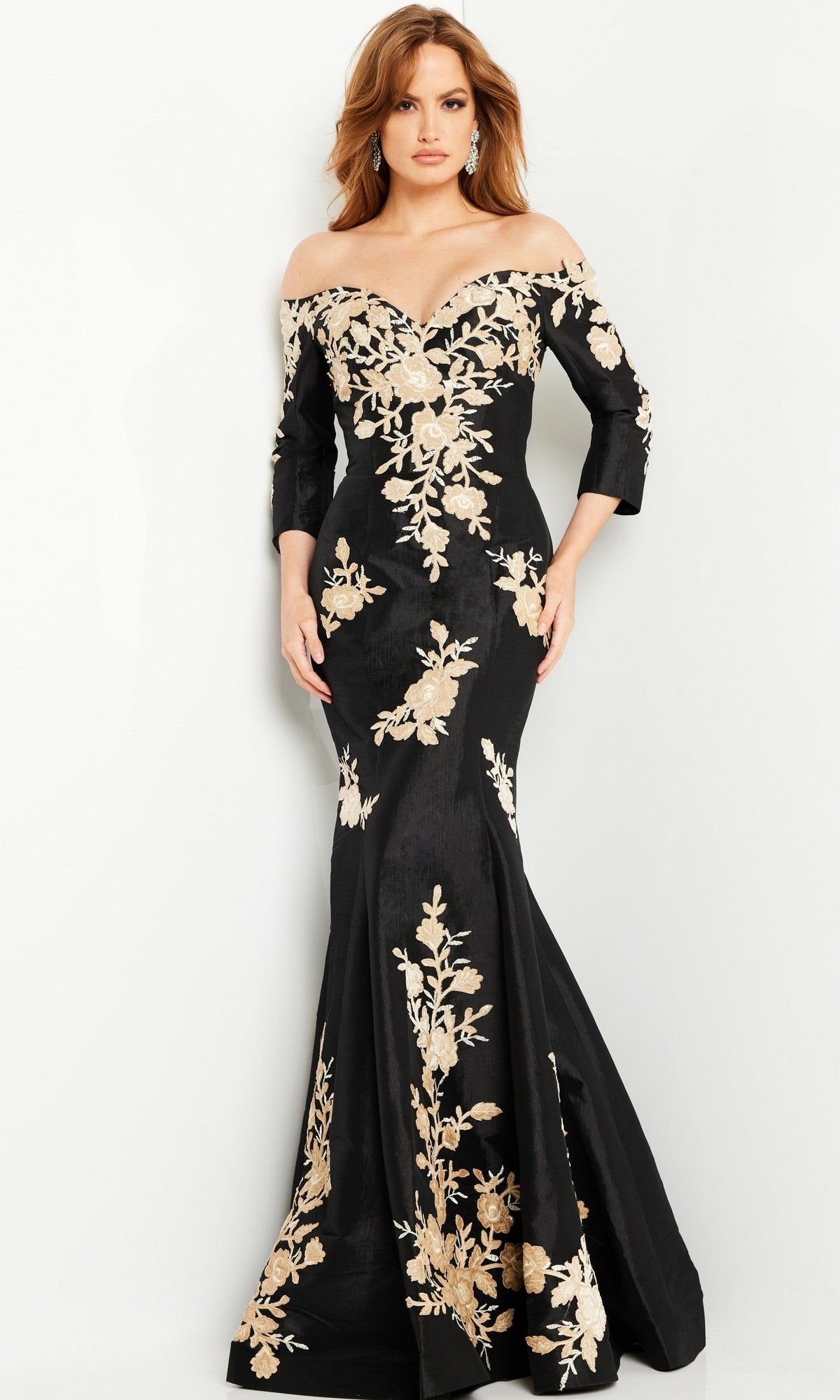 Black Mermaid Formal Gown 24327 with Gold Flowers Black/Gold / 4 Black Mermaid Formal Gown 24327 with Gold Flowers Black/Gold / 4