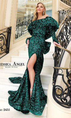 A woman poses on a staircase wearing the Bow Long Sequin Prom Dress: Jessica Angel 2435 in green, featuring off-the-shoulder dramatic sleeves, a high slit, and a long train.