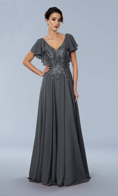 Charcoal Stella Couture 24352 evening gown featuring a V-neck, sequined bodice, and flutter sleeves in a floor-length formal style.