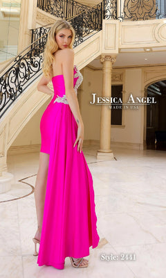 A woman stands indoors on marble flooring, wearing a strapless short cocktail dress in hot pink with beaded floral designs and a high slit. Text reads "Strapless Short Cocktail Dress: Jessica Angel 2441.