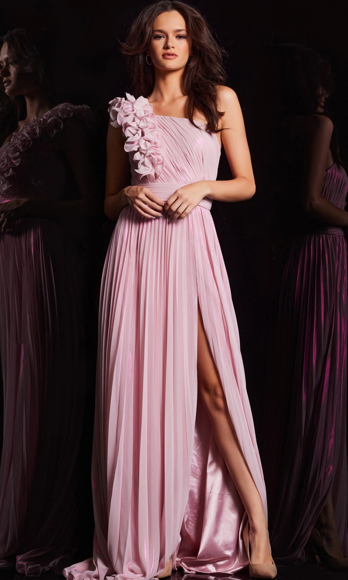 Metallic Chiffon Long Pleated Prom Dress with Ruffles Light Pink / 0 Metallic Chiffon Long Pleated Prom Dress with Ruffles Light Pink / 0
