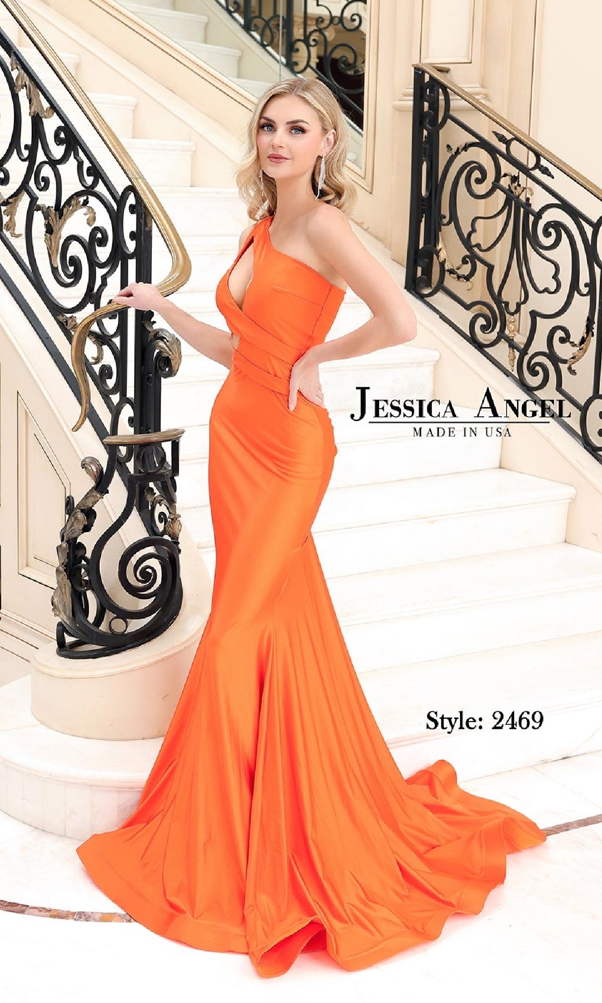 A woman in a Jessica Angel Cut-Out Long Prom Dress (Style 2469) stands on an ornate staircase. Text reads 