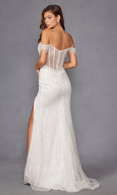 A woman wears the Long Prom Dress JT2471LW by Juliet, featuring sequins, an off-the-shoulder neckline, sheer illusion bodice, fitted silhouette, and high slit, standing against a plain gray background.