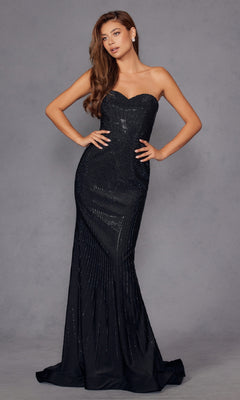 Woman wearing the Strapless Long Sequin Prom Dress: Juliet JT2472R, featuring subtle glittering stripes and a fitted silhouette, poses against a gray background—an elegant choice for any evening event.