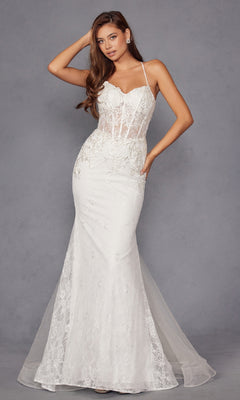 A woman models the Long White Bridal Dress: Juliet JT2481UW, featuring thin straps, a sheer corset bodice, floral lace embroidery, and a mermaid silhouette against a plain gray background.