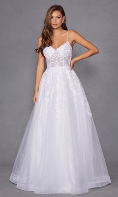 A woman models the Long Off-White Prom Dress: Juliet JT2482SW, featuring a lace bodice with thin straps, sheer details, and a flowing tulle A-line skirt. The sleeveless, fitted gown has a full floor-length silhouette against a plain gray backdrop.