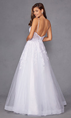 A woman models the Long Off-White Prom Dress: Juliet JT2482SW, featuring a lace bodice and flowing tulle A-line skirt, as she poses elegantly against a plain gray backdrop.