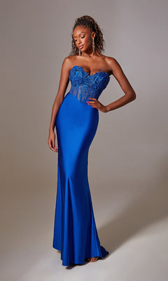 A woman models the Aerie Couture 248 Blue Strapless Long Prom Dress, featuring a corset-style bodice and floral embellishments, set against a plain background.