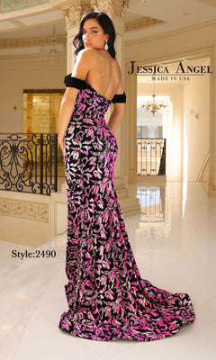 A woman models the Long Sequin Print Prom Dress: Jessica Angel 2490, a floor-length gown with an off-the-shoulder design and bold pink and black sequin leaf pattern. "Jessica Angel" and "Style: 2490" appear in the background.