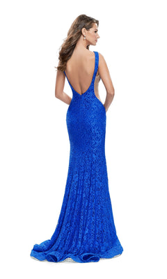 Open-Back La Femme Long Lace Prom Dress - PromGirl