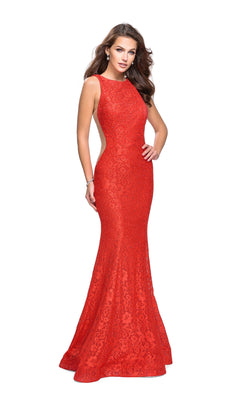 Open-Back La Femme Long Lace Prom Dress