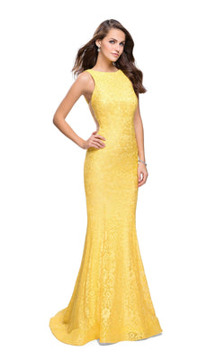 Open-Back La Femme Long Lace Prom Dress - PromGirl