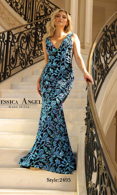 Woman in a floor-length, sleeveless blue and black sequin mermaid gown stands on a staircase. The image text reads: "Deep V-Back Long Sequin Dress: Jessica Angel 2495. Made in USA.
