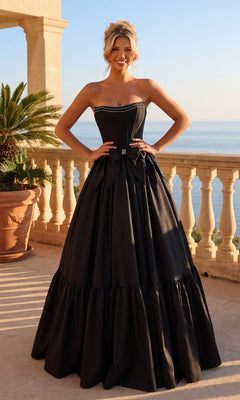 Drop-Waist Strapless Corset Prom Ball Gown with Bows Black / 0 Drop-Waist Strapless Corset Prom Ball Gown with Bows Black / 0