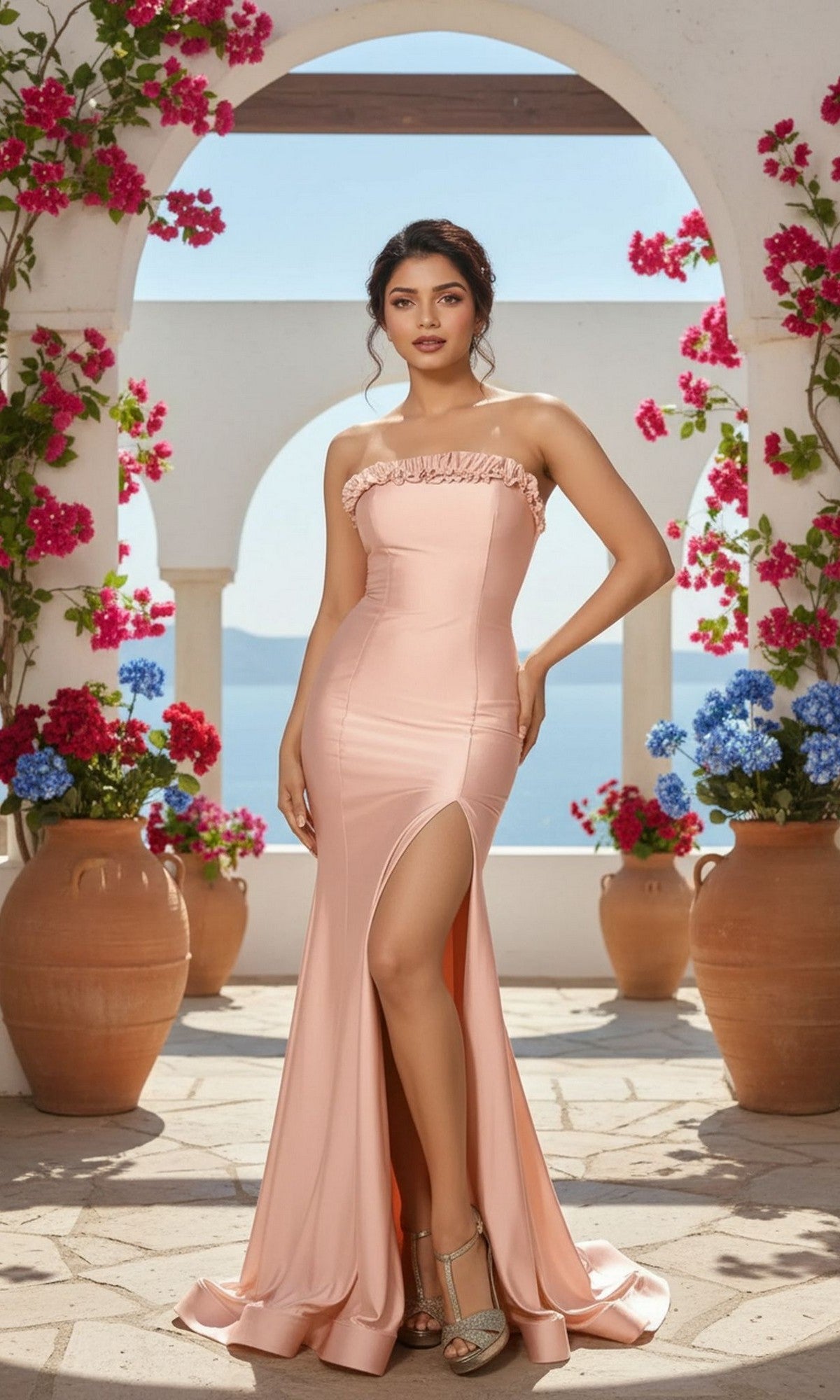 A woman in the PromGirl Exclusive Prom Dress with Mini Ruffles, peach-colored and strapless with a high slit, stands outdoors among potted flowers and white arches overlooking the sea.