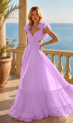 A woman stands on a stone terrace overlooking the ocean, wearing a lilac Long Prom Dress with Ruffle Straps—an exclusive design from PromGirl.