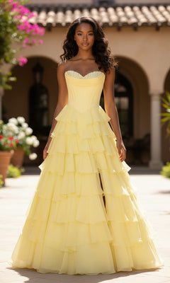A woman stands outdoors in front of a building, wearing the PromGirl 250057—a strapless yellow ruffled prom ball gown with elegant layered tiers.