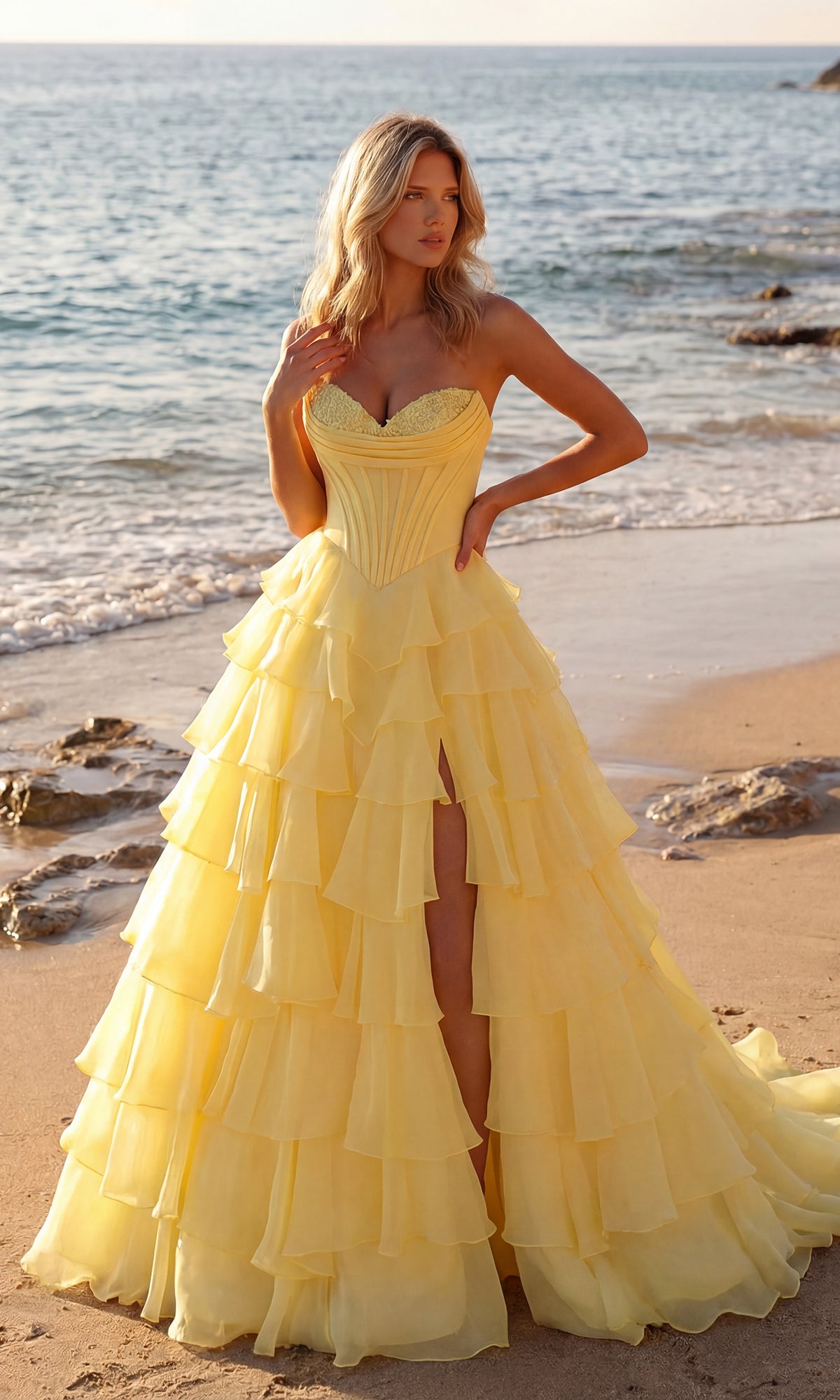 A woman in a light yellow PromGirl 250057 strapless ruffled prom ball gown stands on a sandy beach near the shoreline, with the ocean and rocks behind her.