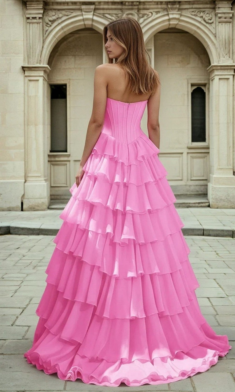 A woman stands outdoors by a stone building, wearing the Strapless Ruffled Prom Ball Gown: PromGirl 250057, featuring a strapless sweetheart neckline and multiple ruffled layers.